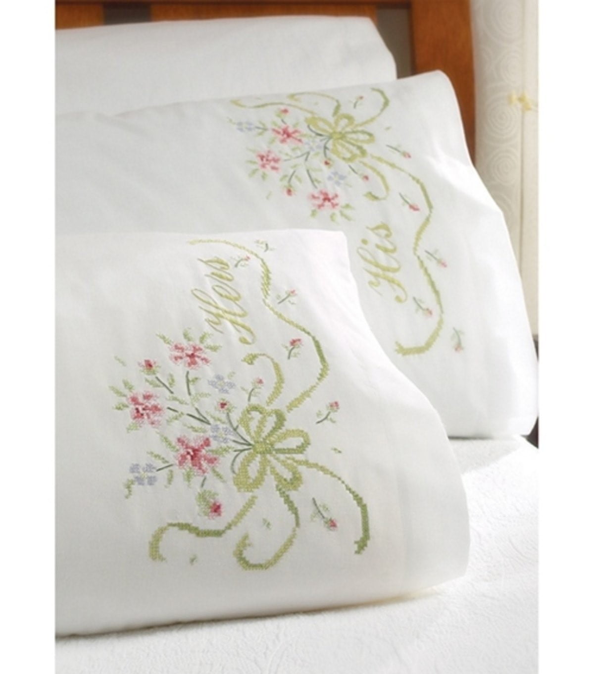Bucilla Stamped Cross Stitch & Embroidery Bridal Bouquet Pillowcase Set