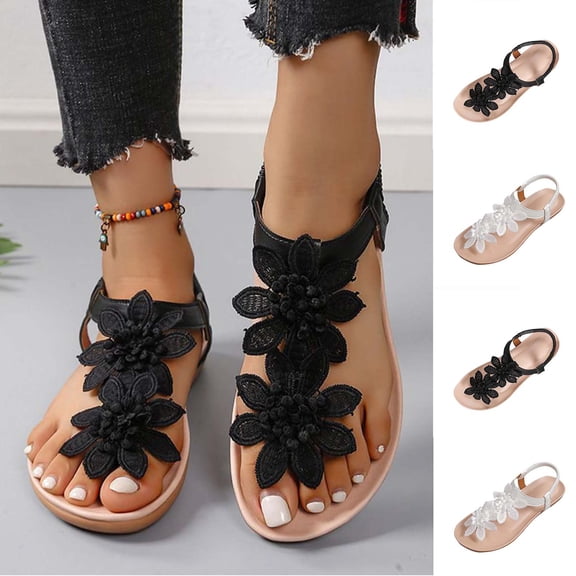 Summer Sandals Women Flat Heel Open Toe Breathable Thong Flip-Flops for Women Beach Vacation Casual Flower Breathable Flat Sandals