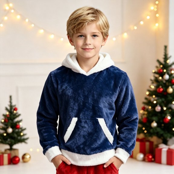 RUTAYY Boys Christmas Hoodie Fuzzy with Pocket Warm Christmas Casual Top Long Sleeve for Kids Soft Winter Warm Cozy Pullover, Blue