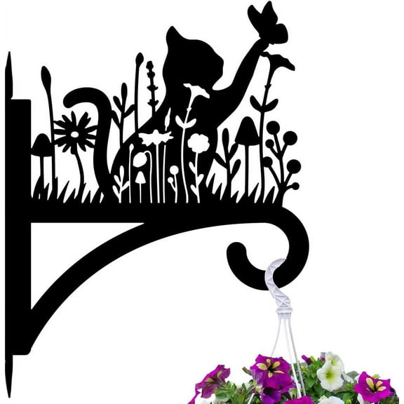 Iron Plant Hangers Hooks for DIY Outdoor Indoor Hanging Plants Flower Fern Pots Lantern Bird Feeder Wind Chimes 12"x16" Cat and Flowers Weather Resistant Metal Wall Holder for DIY Porch Farmhouse