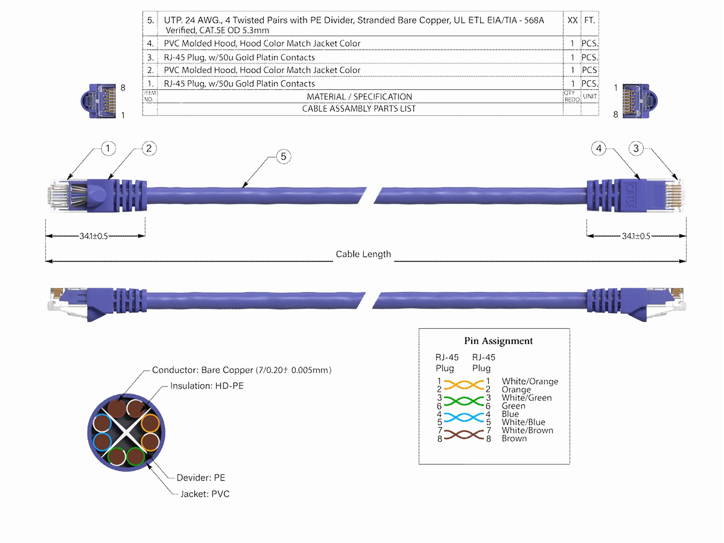 Cable Leader 50ft Cat5e UTP Ethernet Network Patch Cable Snagless 24AWG Bare Copper, Purple
