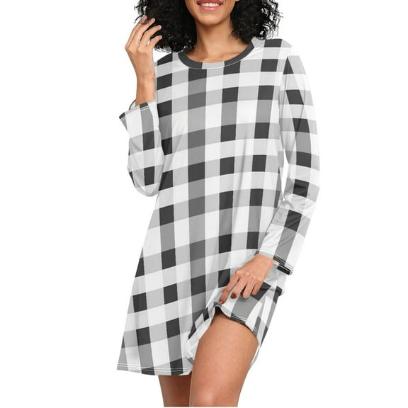 joogoo Black Grey White Checkered Pattern Women's Long Sleeve Nightgown Sleepwear L