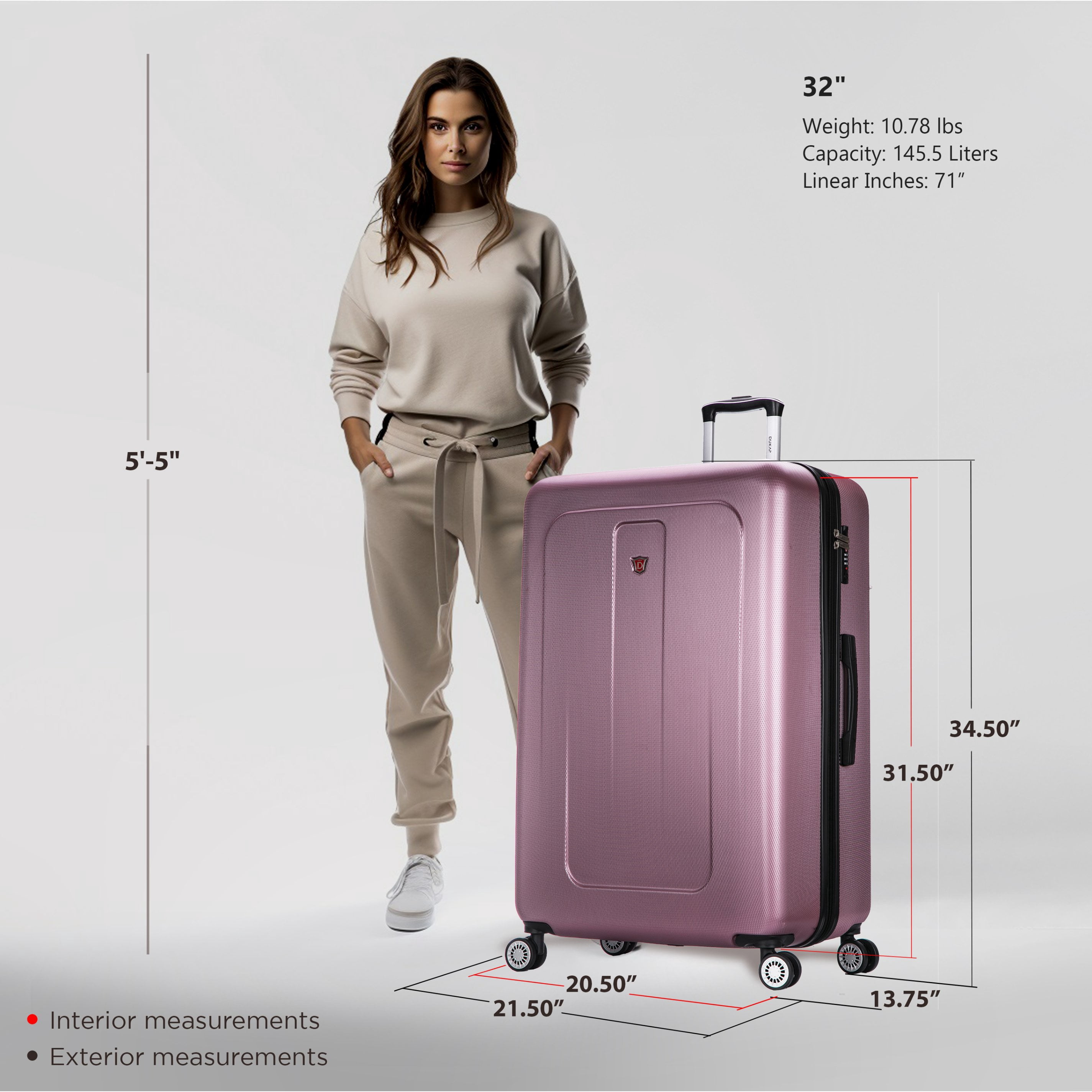 DUKAP Crypto 32" Hardside Lightweight Luggage with Spinner Wheels, Handle and Trolley, Rose Gold