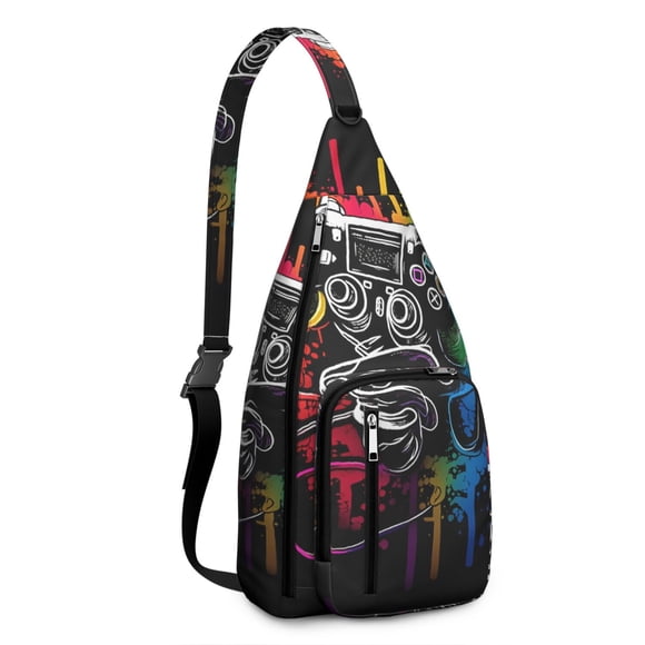 Gaming Controller Print Sling Bag - Cool Retro Joystick Pattern Crossbody Backpack for Gamers, Water-Resistant Shoulder Pack (Colorful Graffiti Design, Lightweight & Durable)