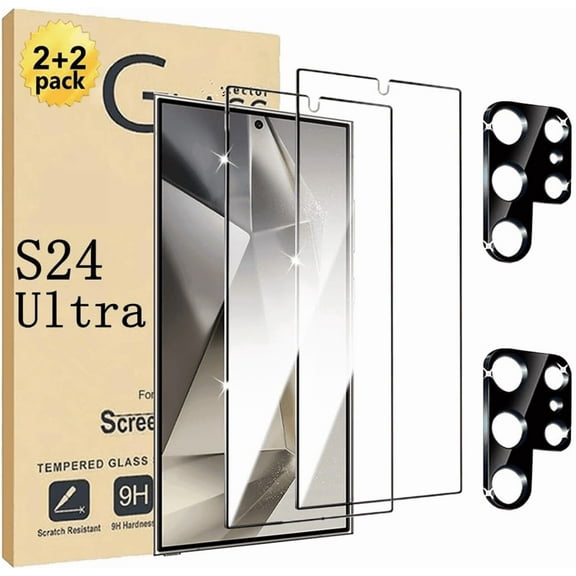 【2 2 Pack】 Galaxy S24 Ultra 2 Pack Tempered Screen Protector 2 Pack Camera Lens Tempered Glass, High Clarity Bubble Free, for Samsung Galaxy S24 Ultra Screen Protector