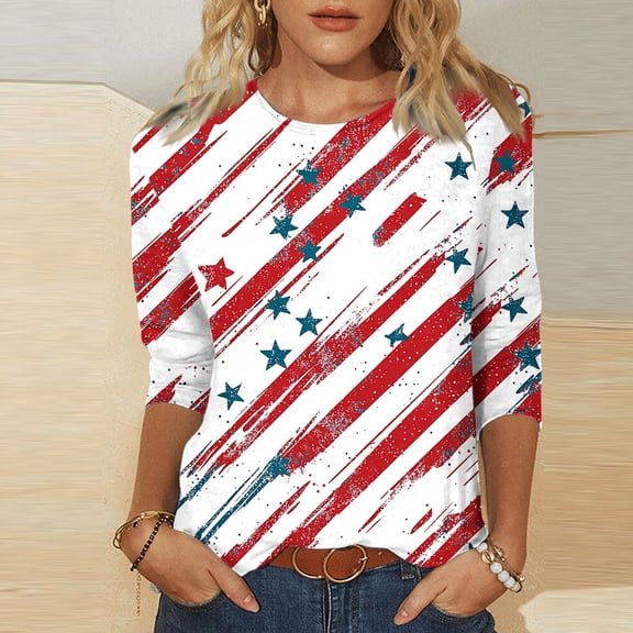 Cavosen 4th of July Tops for Women Petite Independence Day 3/4 Sleeve Crew Neck Shirts American Flag Graphic Tops Lady XL 4th of July Casual T Shirts Red White and Blue Tunic Tees Patriotic Outfits