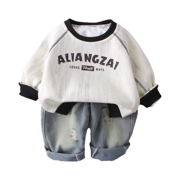 Toddler Boys Sweatshirt and Jeans Set Casual Long Sleeve Pullover Top with Distressed Denim Pants Outfit for Kids