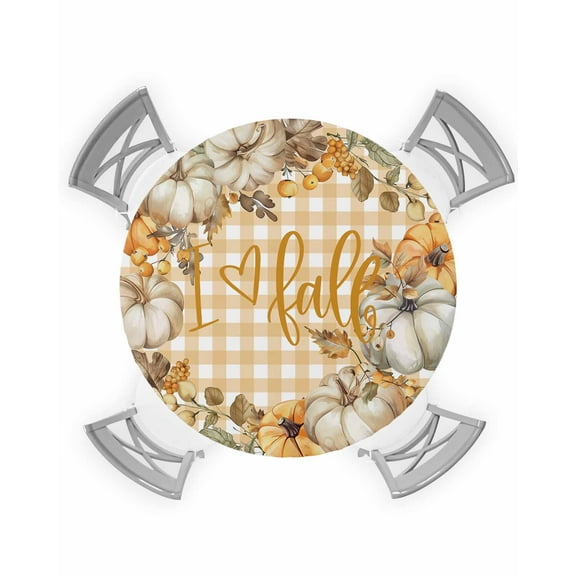 nqOlkjepod Orange Checkered Fall Round Tablecloth, Fitted Table Cover with Elastic for 36"-44" Round Tables, Thanksgiving Pumpkins Wreath Table Cloth Outdoor Dinning Party Waterproof Tablecloths