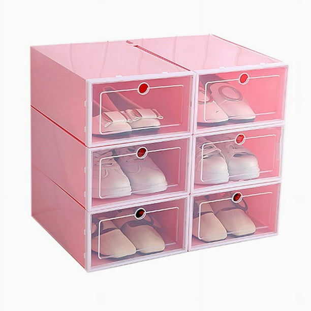 Caja de zapatos de 6 piezas de color caramelo, caja de almacenamiento de zapatos de plástico transparente, cajón de almacenamiento de gabinete de zapatos rectangular rosa