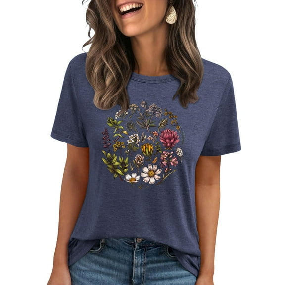 Floruhand Vintage Flowers Crew Neck Shirt for Women Boho Floral Wildflowers Graphic Tee Casual Summer T Shirt