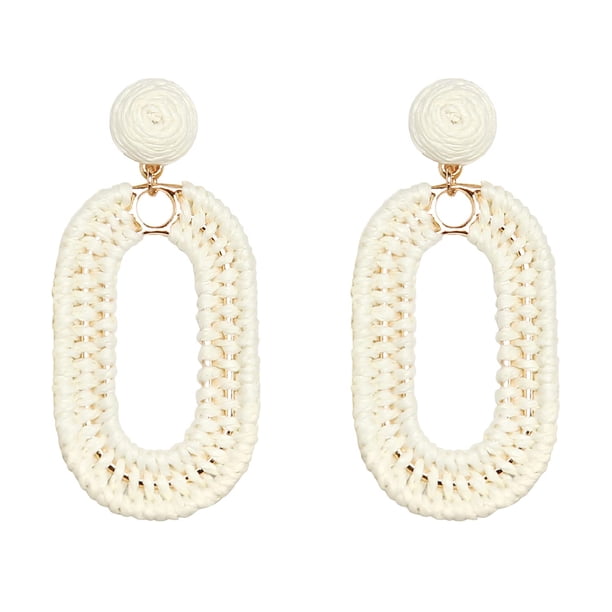 Aretes SELFWIMG de Rafia Ovalados Colgantes Blancos Hechos a Mano