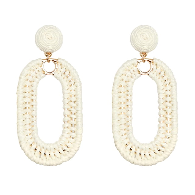 Aretes SELFWIMG de Rafia Ovalados Colgantes Blancos Hechos a Mano