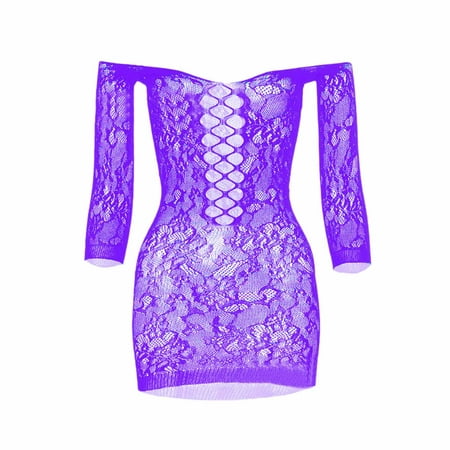 

adviicd White Fishnets Women Fishnet Lingerie Sleepwear One Piece V-Neck Mini Dress One Size Purple One Size