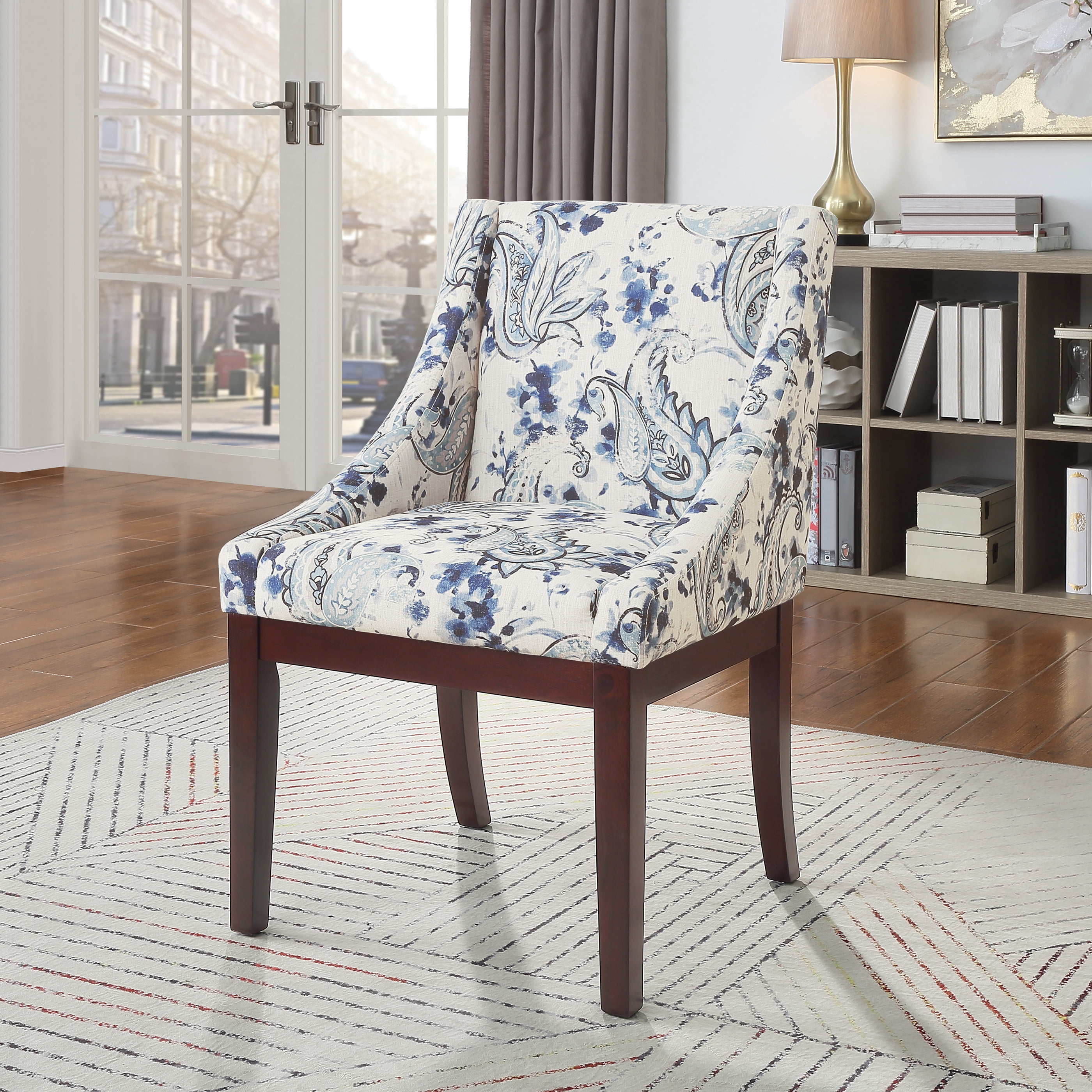 OSP Home Furnishings Monarch Dining Chair, Paisley Blue and Medium Espresso