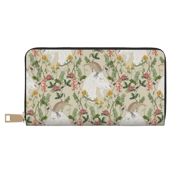 Leather Thin Slim Wallets for Women Men - Painted Cute Goat Head Flower Clutch Card Wallet for Women Men with Zipper