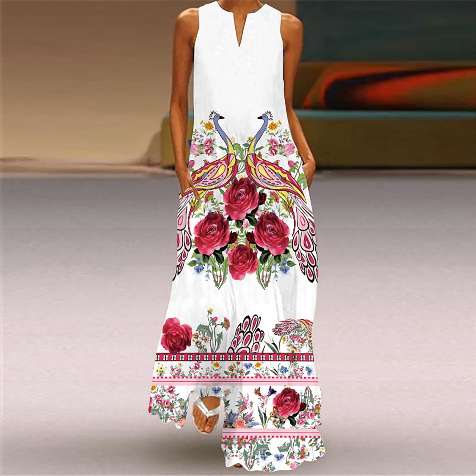 US Women Printed Sleeveless V-neck Long Dress Maxi Dress Split Hem Baggy Kaftan 