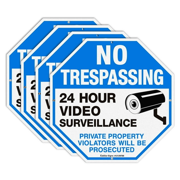 4-Pack No Trespassing Sign 12 x 12 Inch Reflective Aluminum Private Property Protected By Video Surveillance Violators Will Be Prosecuted Sign