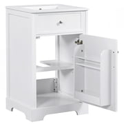 Soges 20 Bathroom Vanity with Ceramic Sink, Solid Wood Bathroom Makeup Cabinet with Soft Close Door, Adjustable Shelf and Drawer, Free Standing Single Basin Vanity Set for Small Bathroom, White