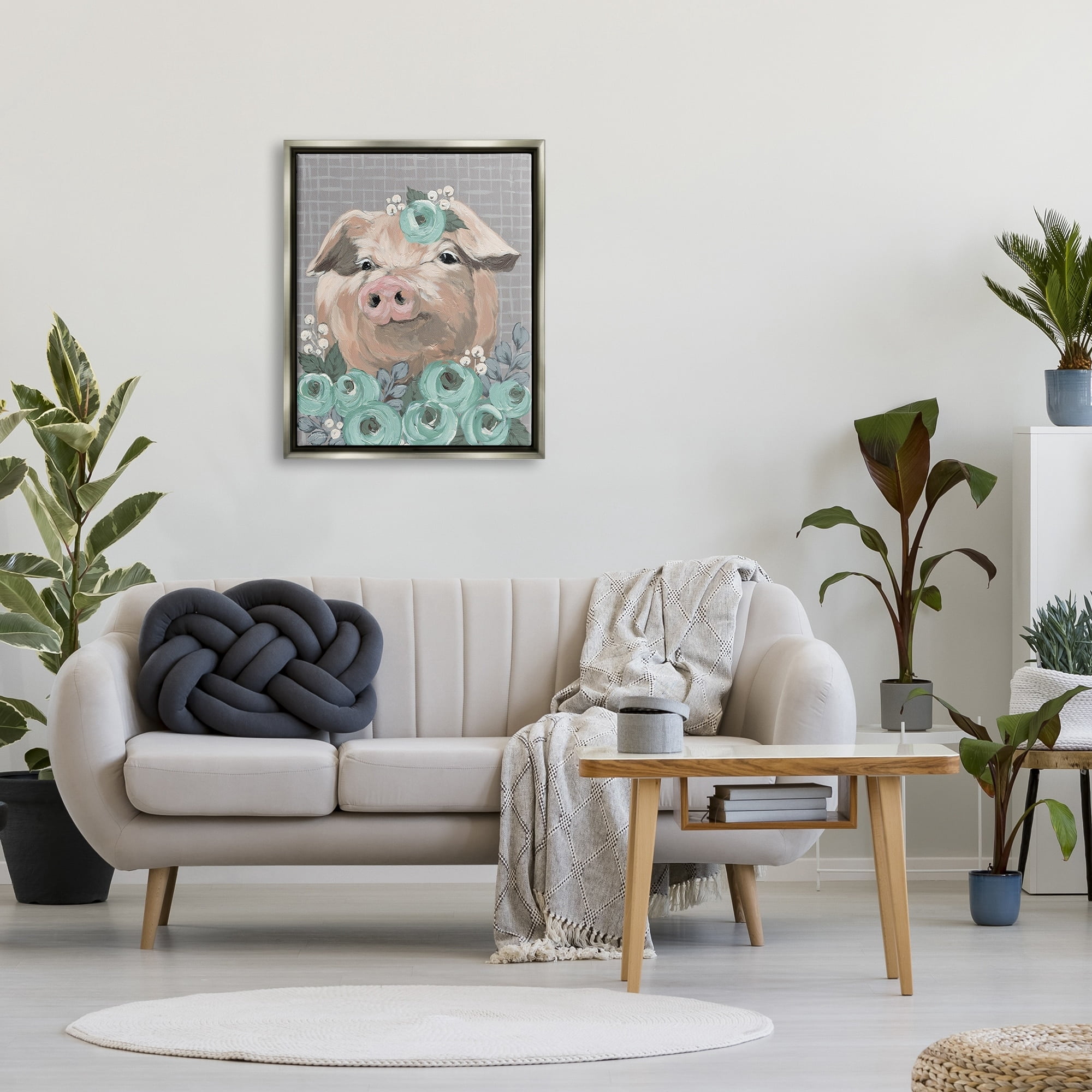Stupell Industries Fuzzy Pig Surrounded Turquoise Flower Arrangement Pattern Painting Luster Gray Floating Framed Canvas Print Wall Art, Design by Michele Norman