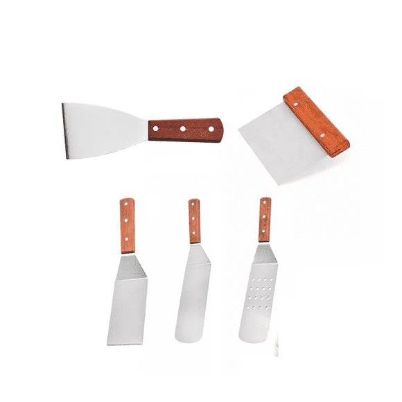 5pcs Espatula Volteadora Cocina Plancha Acero Inoxidable plata marron medio