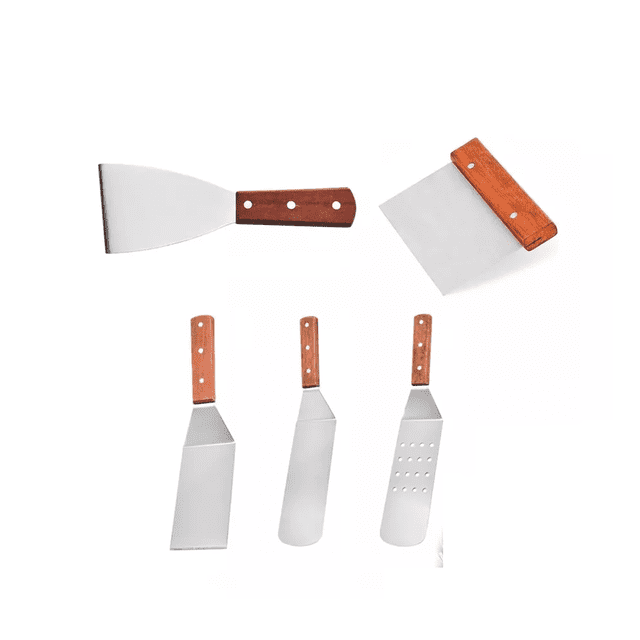 5pcs Espatula Volteadora Cocina Plancha Acero Inoxidable plata marron medio