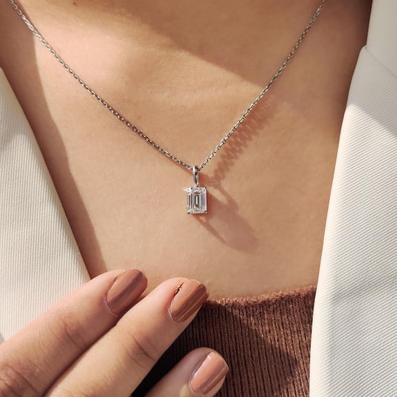 1.00 Ct YG Plated Sterling Silver Emerald Cut Lab Grown CVD Diamond Solitaire Necklace for Women