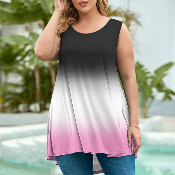 Pincandy Women's Oversized Short Sleeved T-shirt Loose Tank Top Casual Trendy Ombre Gradient U-Neck Sleeveless Beach Vacation Mini Tank Sundress with Pocket,Pink,4XL