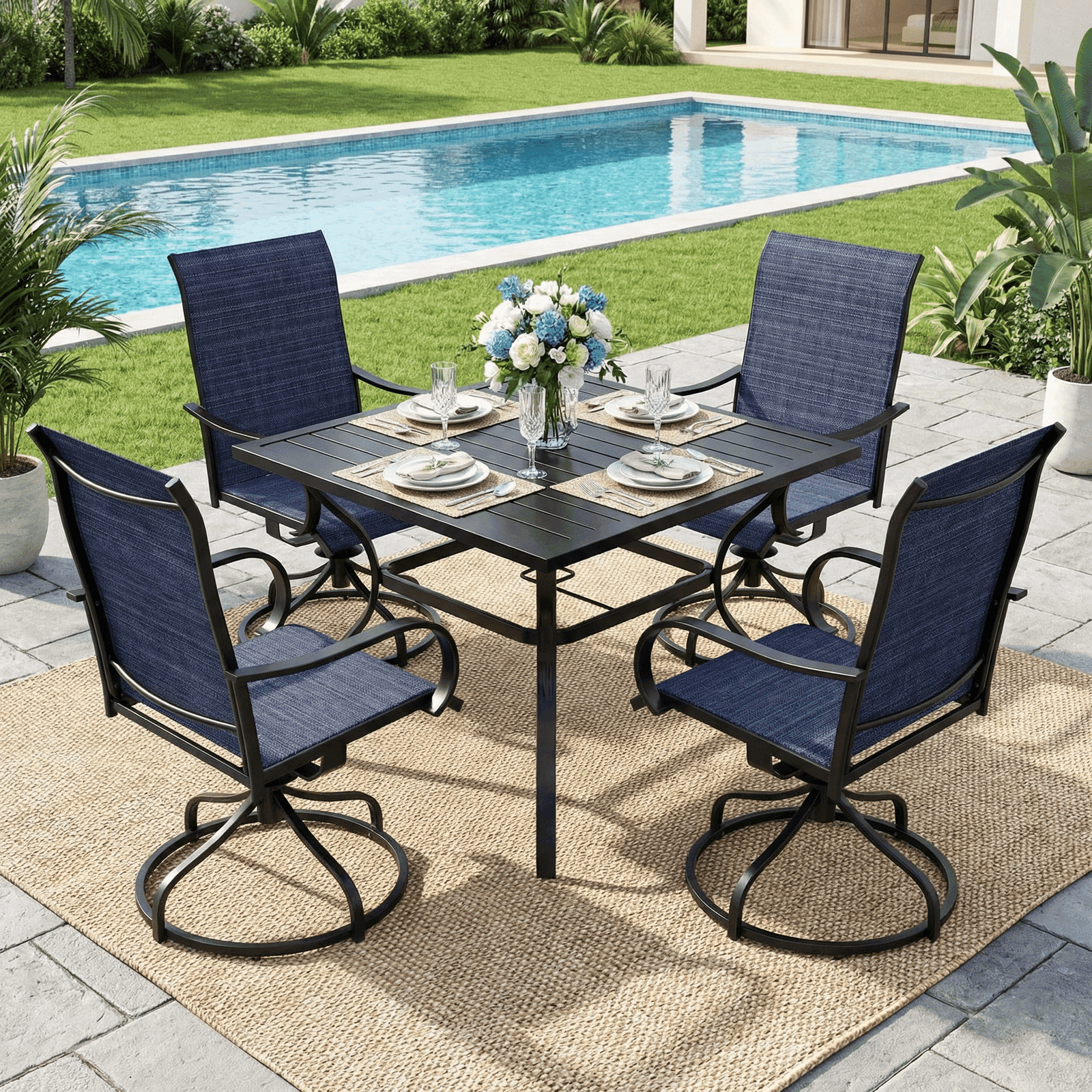 TLSUNNY Patio Swivel Dining Chairs Set of 4, All Weather Outdoor  Swivel Sling Chair with Textilene Fabric & Black Metal Frame for Outdoor Lawn Garden Pooside