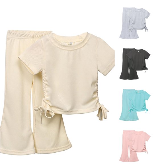 VOUZZA Girls Short Sleeve Pants Set, Short Sleeve Top and Flare Pants 2 Piece, Kids Casual Outfit, Toddler Matching Clothes