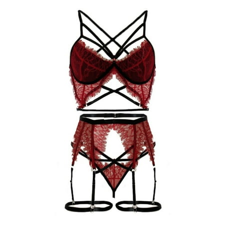 (2-Pack) Puawkoer Women Lace Sexy Lingerie Women Underwear Lace Shorts Set Sleepwear Pajamas Set Push Up Bra Floral Lace Satin Lingerie Set Garter Belt Underwear Nightw