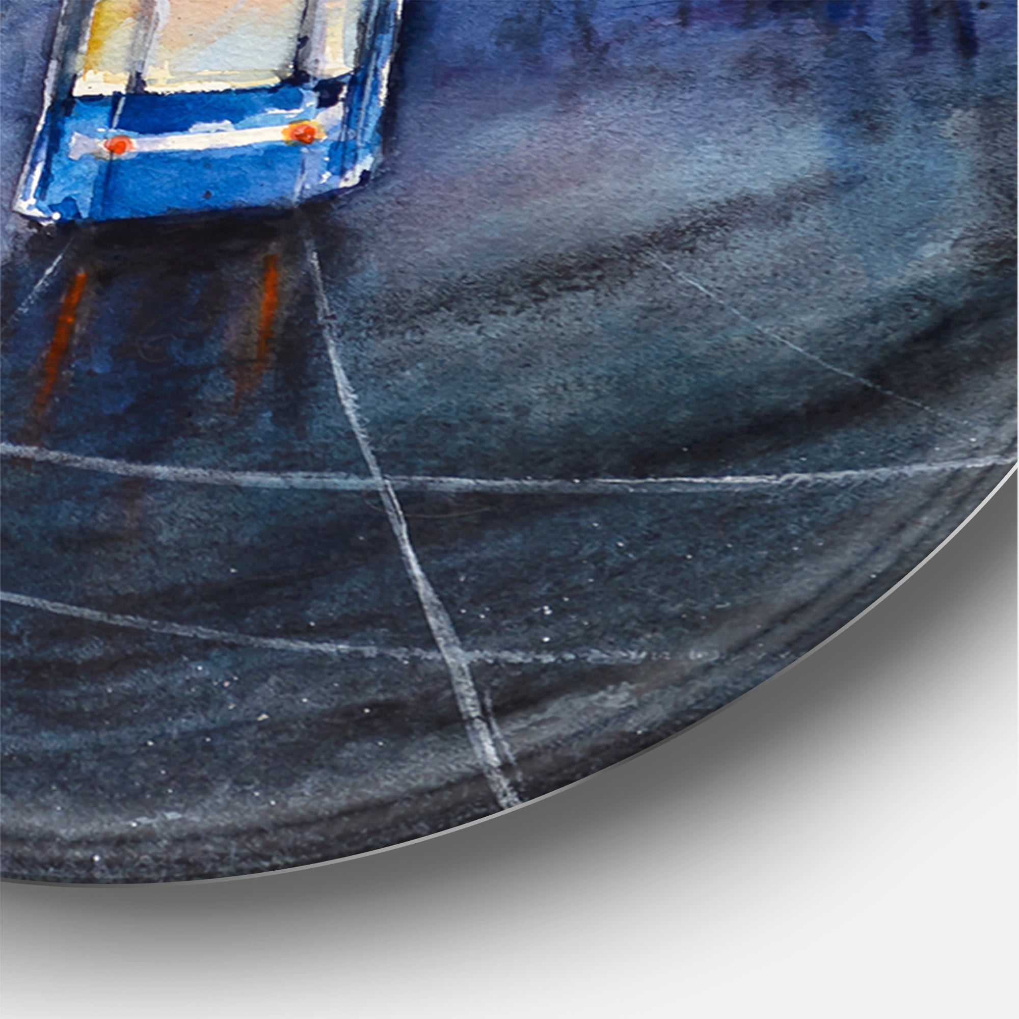 Designart 'Blue Tram At Sunset With Church During Sunset Cityscape' Nautical & Coastal Circle Metal Wall Art 36x36 - Disc of 36