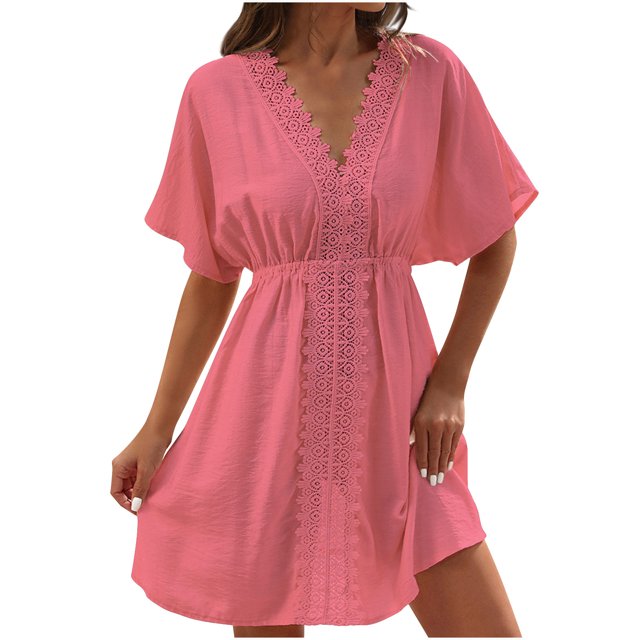 QIPOPIQ Robe Midi à Col en V pour Femme, Cache-Maillot, Manches Courtes, Dentelle, Été, Tenue de Plage, Décontractée, Cache-Maillots, Liquidation