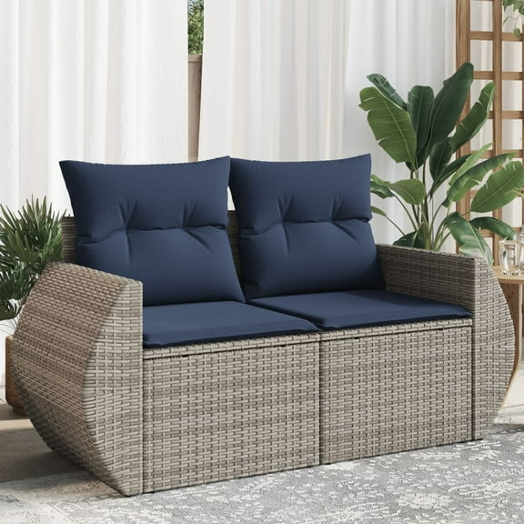 vidaXL Patio Sofa with Cushions 2-Seater Gray Poly Rattan