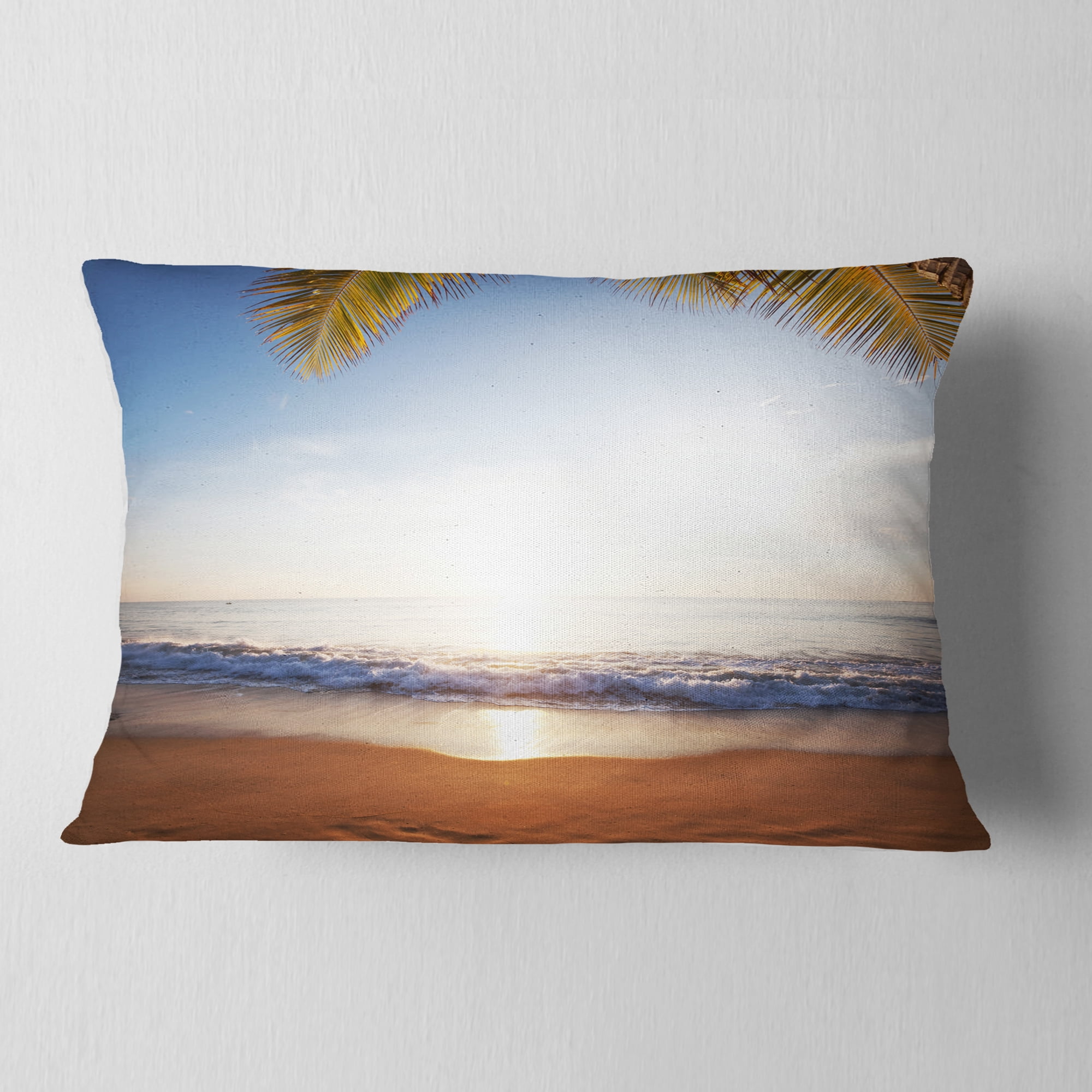 Designart Deserted Beach with Palm Leaves - Seashore Throw Pillow - 12x20