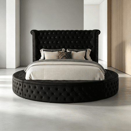 JERFIT Glam Round King Bed with Storage, Velvet Upholstered Wingback Headboard, USB Ports, Tufted with Crystal Buttons