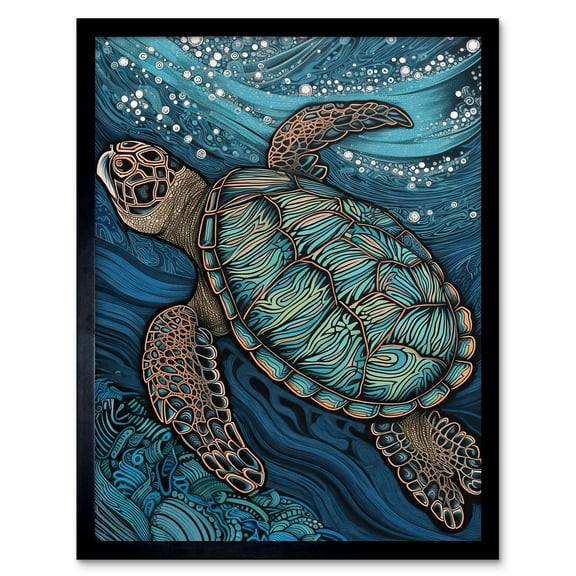 Vibrant Sea Turtle Swimming Under the Surface Art Print Framed Poster Wall Decor 12x16 inch
