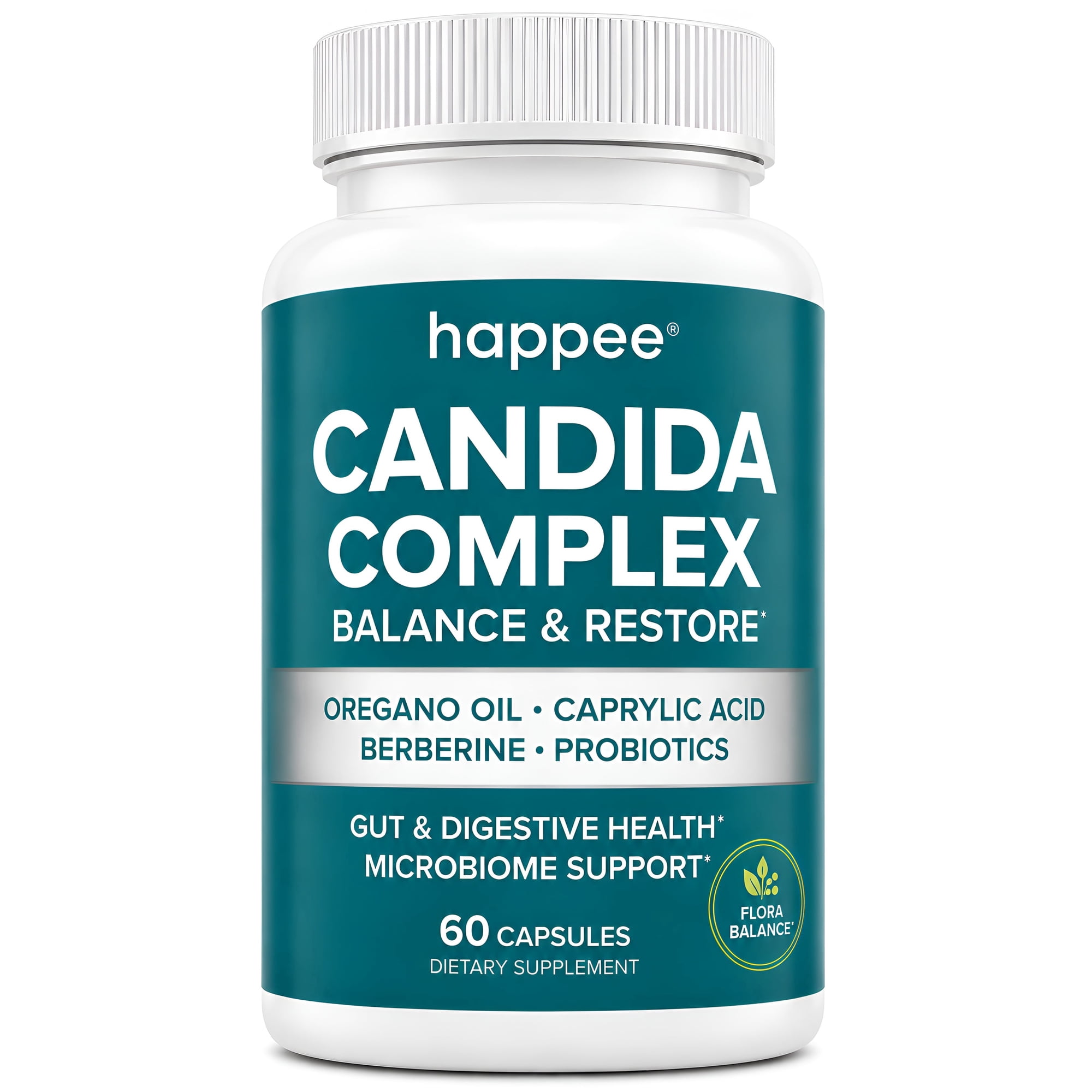 Happee Candida Cleanse & Gut Yeast Support with Probiotics for Intestinal Support, 60 Capsules