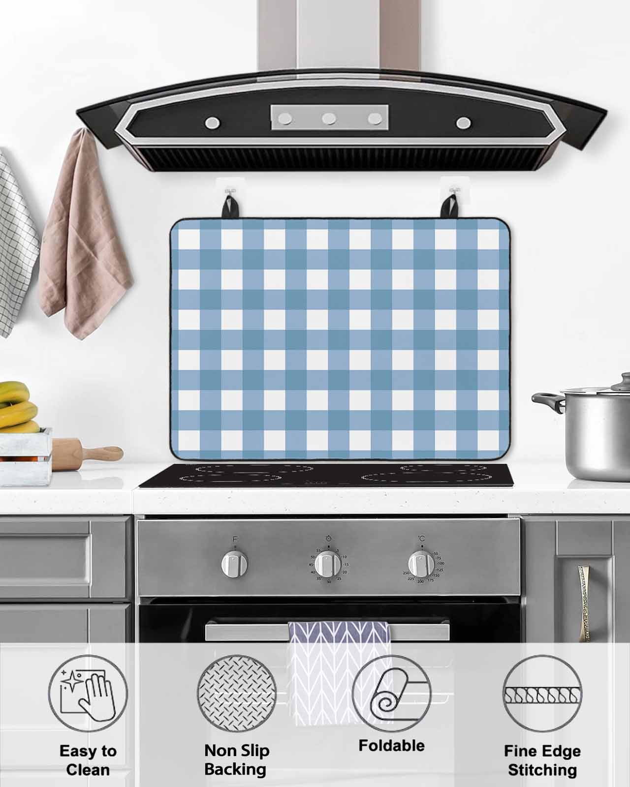 nqOlkjepod Large Induction Cooktop Protector Mat 24"x21", Blue White Plaid Stove Top Covers for Electric Stove, Gradient Geometric Buffalo Checkered Stove Burner Cover Mats, Glass Top Stove Cover