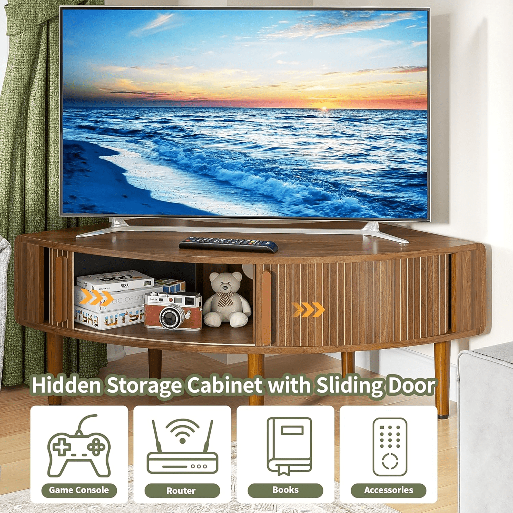Corner TV Stand for 40 inch TV, Curved Corner Entertainment Center with Storage, Mid-Century Modern Media Console with Sliding Doors,for Living Room, Bedroom, Apartment, Walnut