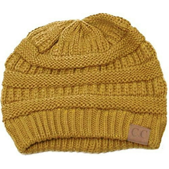 Slouchy Cable Knit Beanie Skully Hat, One-Size, Mustard