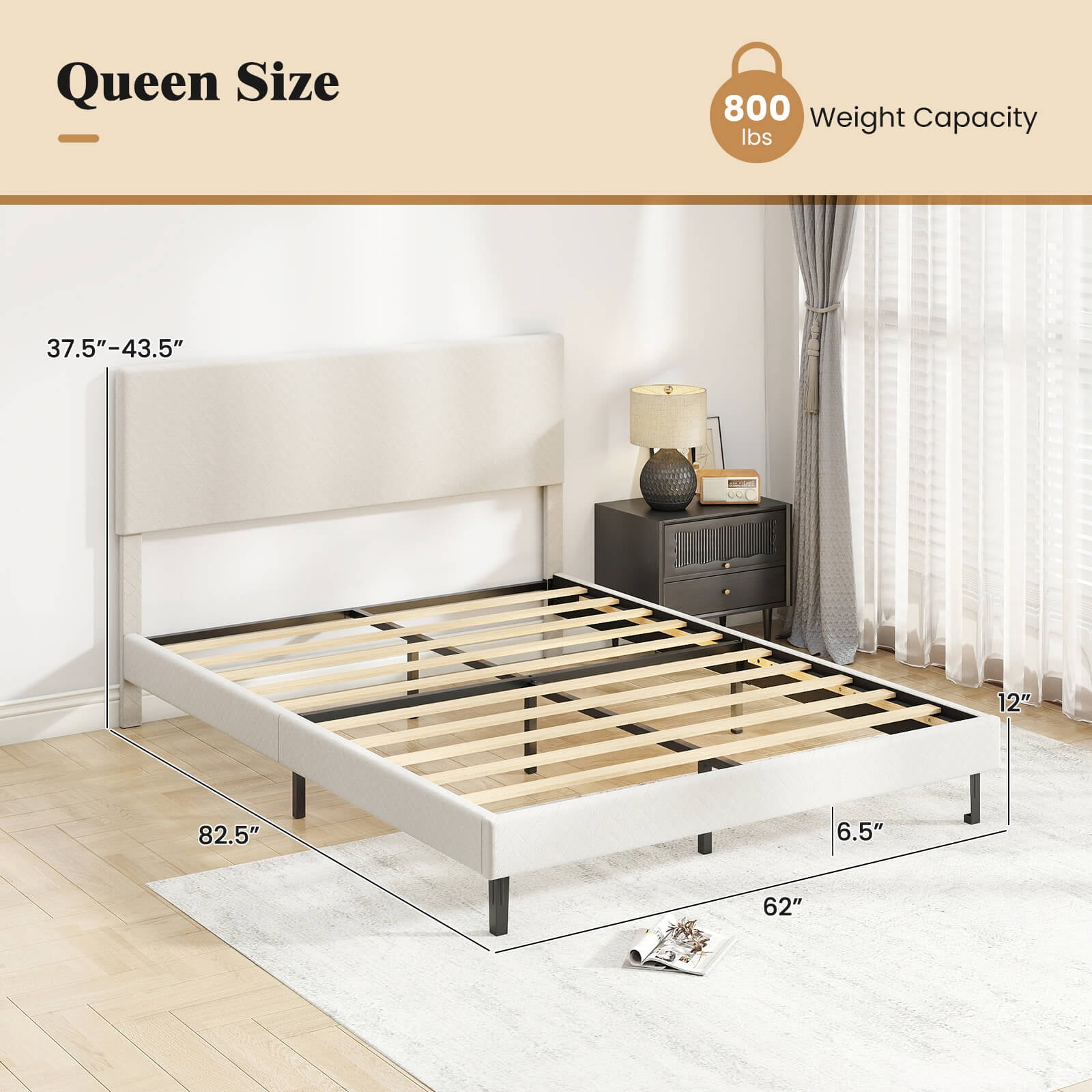 Costway Queen Size Velvet Bed Frame with Height Adjustable Chevron Headboard,Noise Free Beige