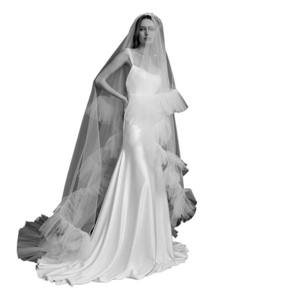 Elegant 2-Tier Bridal Veil with Blusher - Romantic Drop Style Wedding Veil with Pleated Lotus Leaf Edge