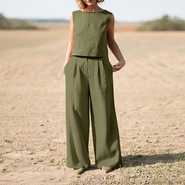 Soldes d'Hiver! PEZHADA Ensembles de Détente pour Femmes, 2 Pcs Mode Femme Col Rond Sans Manches + Pantalons Amples avec Poches Vert Armée TG
