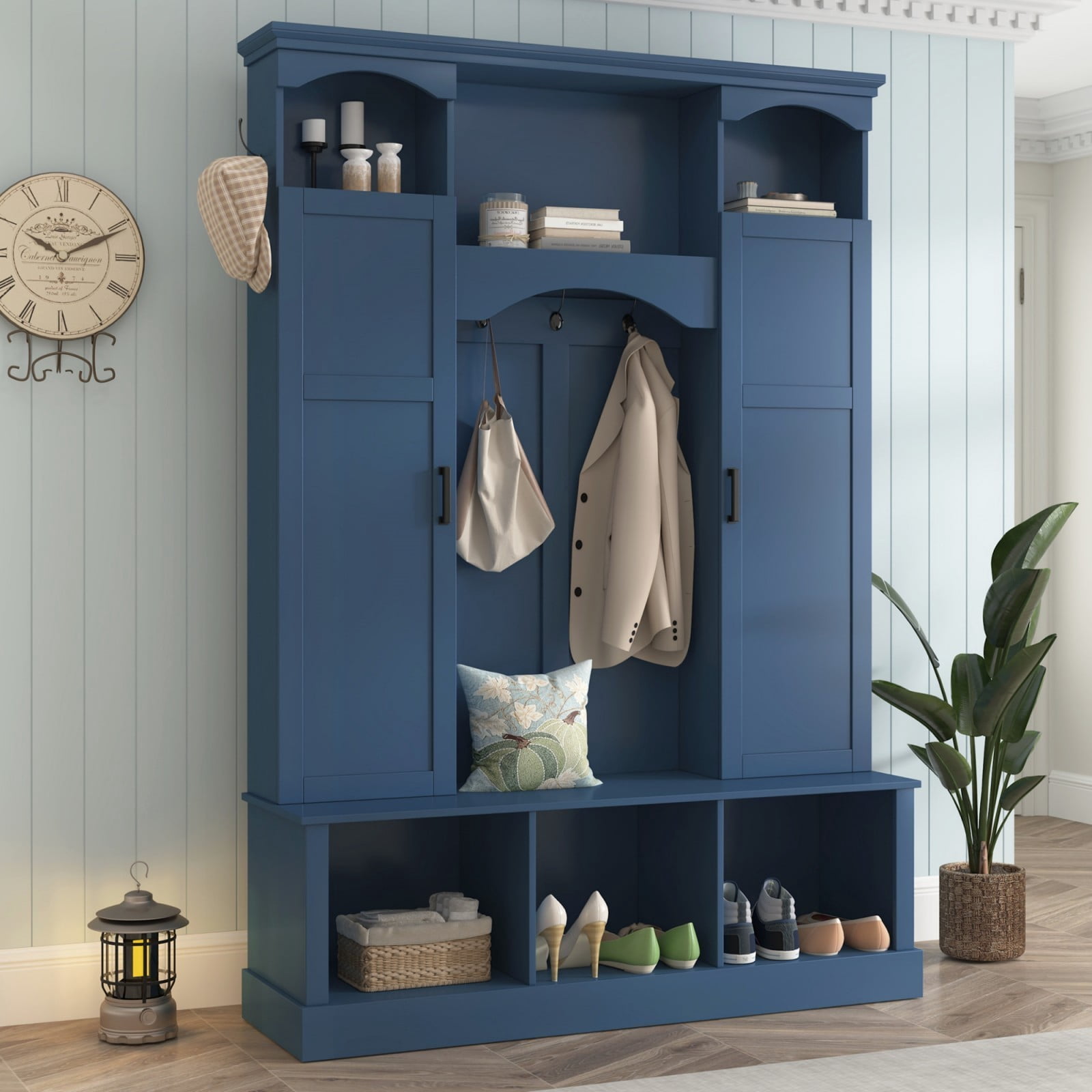 Modern Farmhouse Entryway Hall Tree with Bench, All-in-One Coat Rack Shoe Storage with 2 Side Cabinets, Adjustable Shelves & 7 Hooks, Arched Hallway Organizer for Mudroom Entryway, Blue
