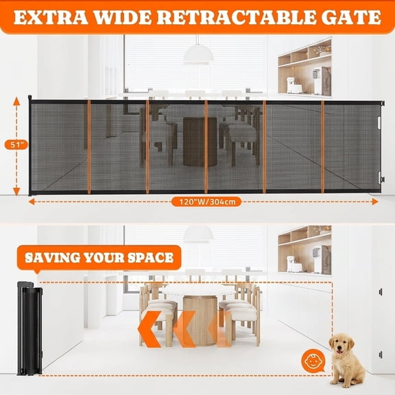 Extra Tall Retractable Pet Gates, 51" High x 120" Wide Pet Gate, Black | Mesh Gate with Support Rods Jump-Proof Design for Cats & Large Dogs High Dog Cat Door Indoor Outdoor