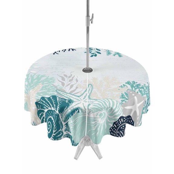 Outdoor Tablecloth with Umbrella Hole for Patio/Picnic/Party/Camping, Coastal Starfish Waterproof Table Cloth Round Cover Washable, Ocean Weeping Coral Beach Conch Turquoise (Dia 54")