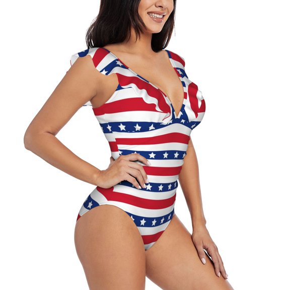 Fotbe American Patriotic Stars And Stripes Women's Tummy Control Swimsuits Slimming One Piece Bathing Suit Ruffle Wrap V Neck Swimwear-