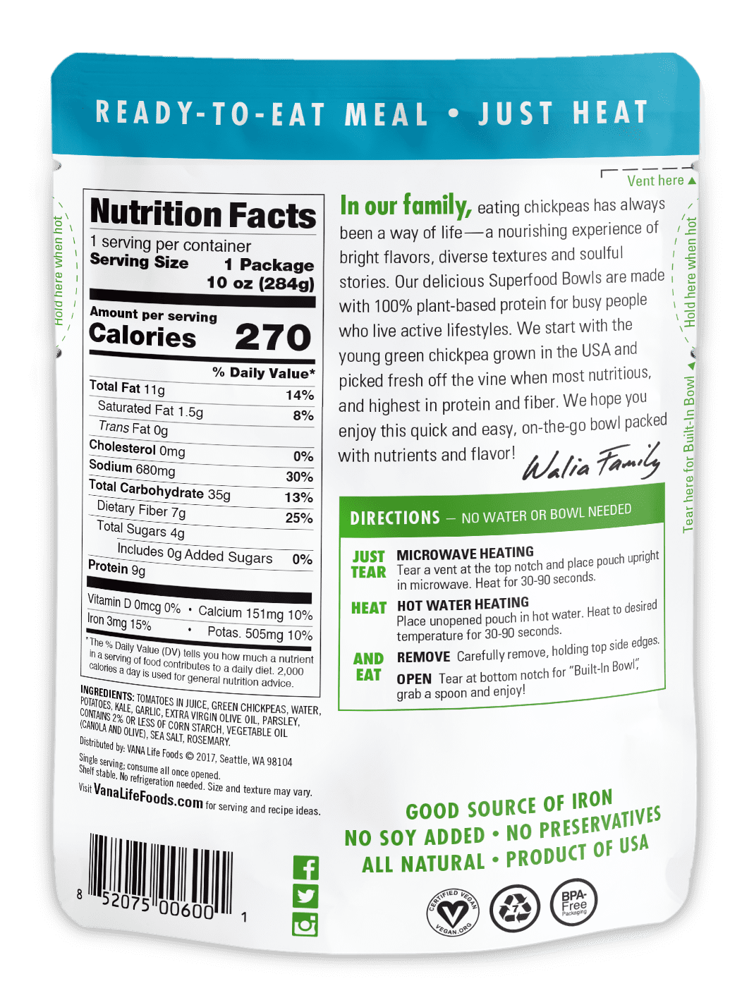 (2 pack) Vana Life's Foods Plant based Ready Meal - Green Chickpea Superfood Bowl Heat and Eat with Kale and Potato Microwaved Cooked Bowl | Product of the USA