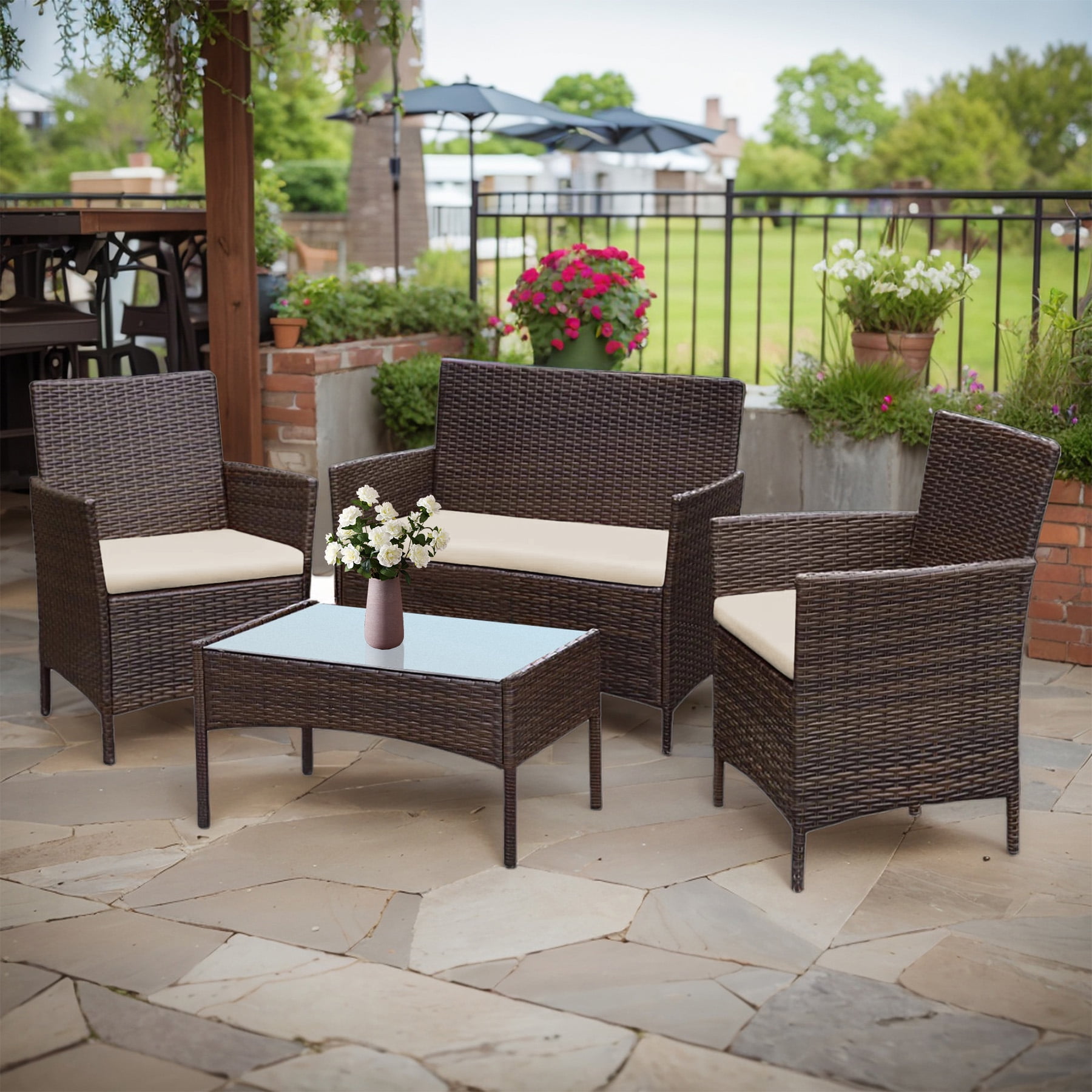 Tappio 4 PCS Outdoor Rattan Furniture Patio Conversation Set, Wicker Sofa Garden Conversation Bistro Sets for Yard, Pool or Backyard, Brown/Beige