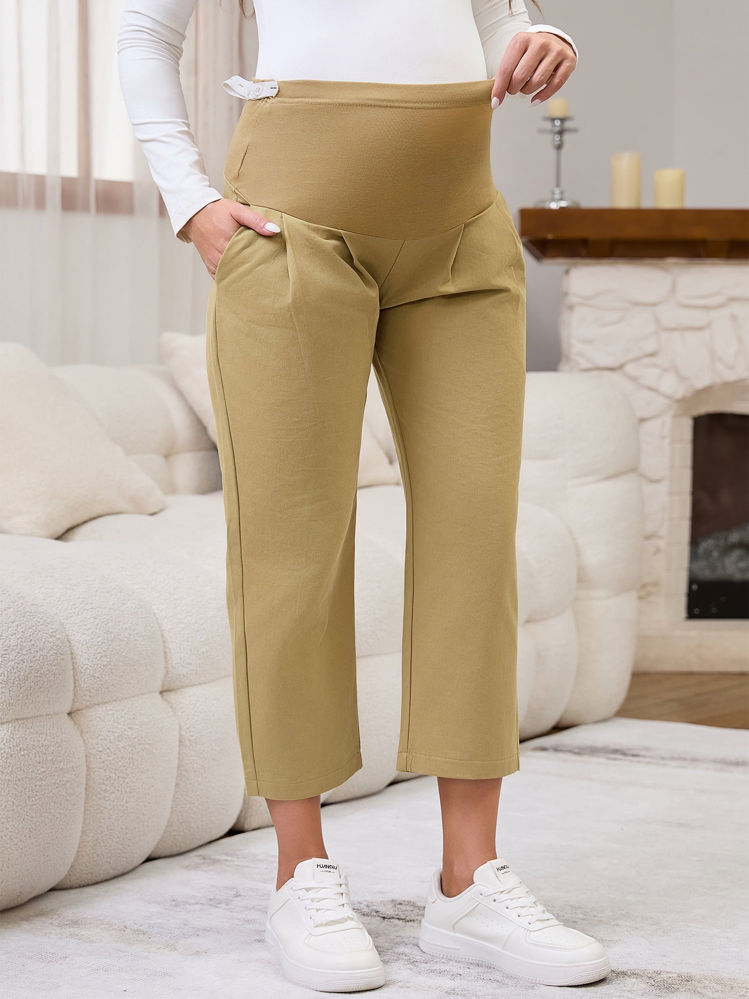 DARING DIVA Women's Maternity Cropped Pants High Waist Over Belly Trousers 2XL Khaki